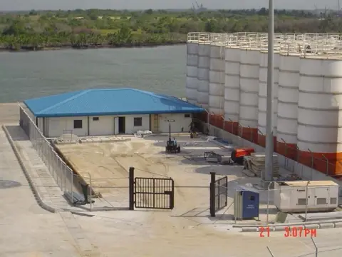 Office building beside storage tanks at the jetty, Nigeria